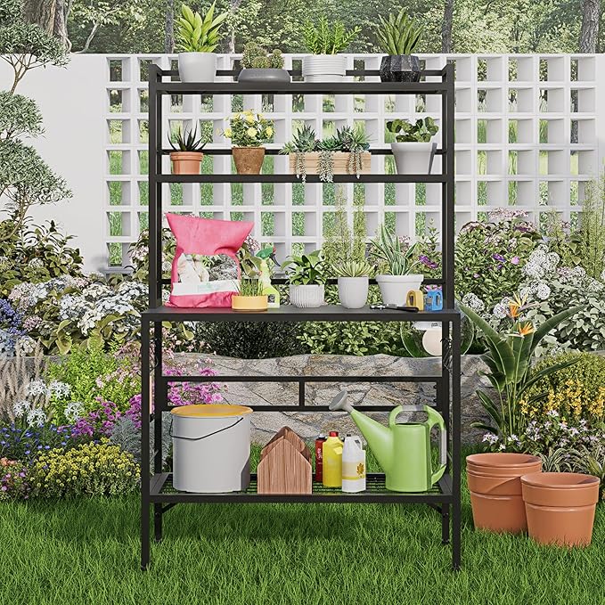 63" H Outdoor Metal Garden Potting Bench&Table with Metal Tabletop, 4-Tier Plant Shelf Rack, 8 Side Hooks, Outdoor/Indoor Gardening Workstation and Plant Stand, Black