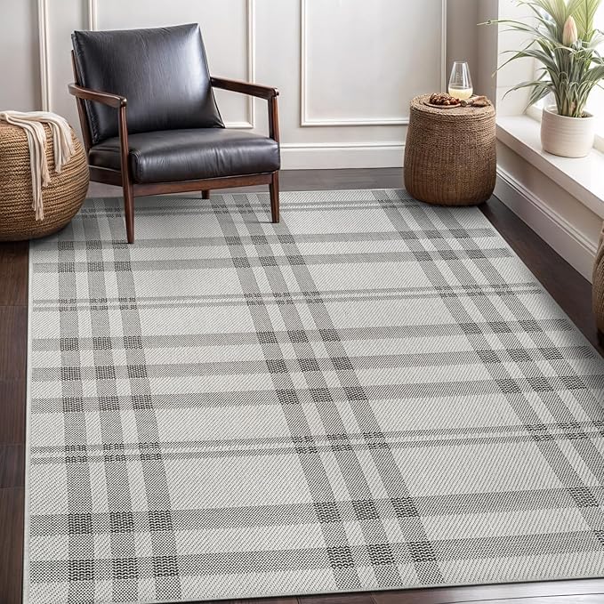 CAMILSON Easy Jute Rug 8x10, Indoor Outdoor Off-White Color Fiber Area Rugs for Entry, Living Room and Bedroom Rug, Checkred Boho Woven Design, Easy-Cleaning, Washable Outside Carpet (8 x 10)