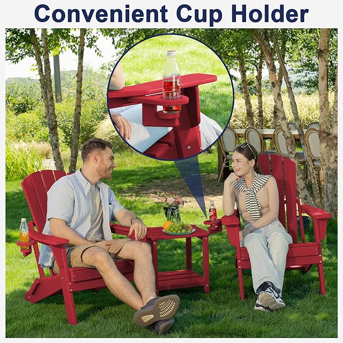 Plawdlik Folding Adirondack Chair Set of 2,Cup Holder,Wooden Textured,Heavy All-Weather HDPE Outdoor Chairs, Poolside Backyard Lawn,Red
