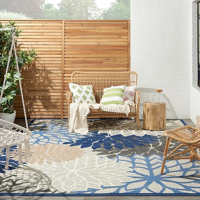 Nourison Home Aloha Indoor/Outdoor Blue/Multicolor 10' x 14' Area Rug, Tropical, Botanical, Easy Cleaning, Non Shedding, Bed Room, Living Room, Dining Room, Deck, Backyard, Patio (10x14)