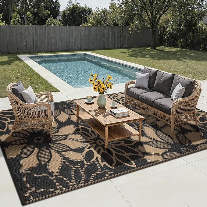 GENIMO Outdoor Rug Waterproof for Patio Decor, 10' x 20' Reversible Plastic Straw Floral Camping Carpet, Large Area Rugs Mats for RV, Camper, Deck, Balcony, Porch, Beach, Picnic, Black & Brown
