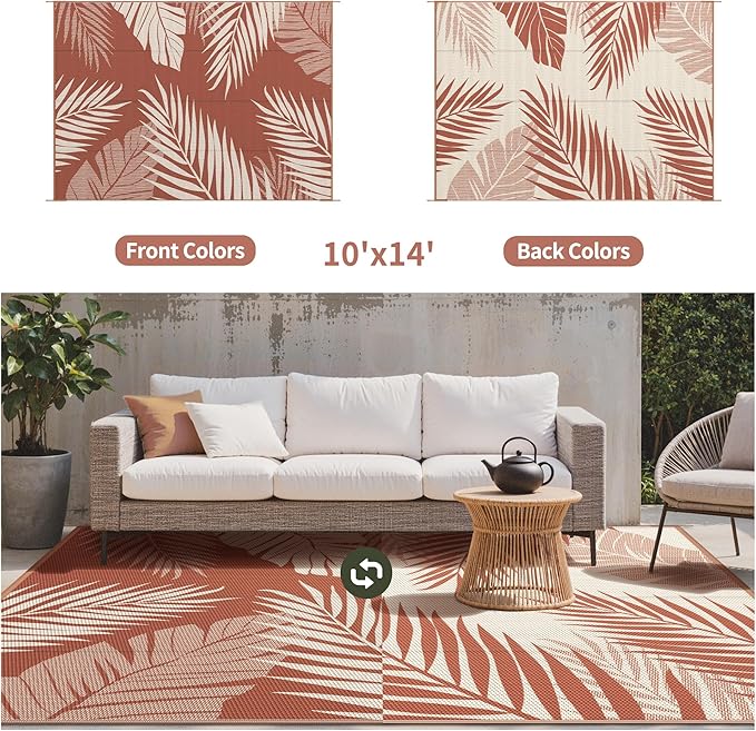 GENIMO Outdoor Rug 10' x 14' Waterproof for Patios Clearance, Reversible Plastic Straw Camping Carpet, Large Area Rugs Mats for RV, Picnic, Backyard, Deck, Balcony, Porch, Beach, Brick&Red