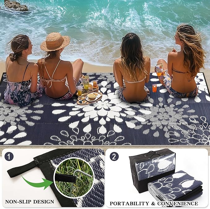 Wallona Outdoor Rugs 9x12 ft Patio Waterproof Clearance Indoor Outdoor Large Carpet for Patio Plastic Straw Reversible Area Rugs Mat for RV, Camping, Balcony, Beach, Picnic, Porch, Flower Blue & White