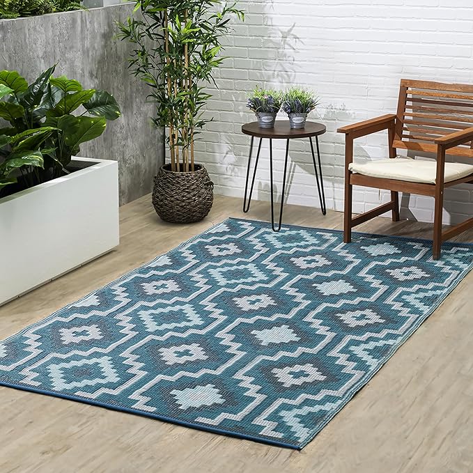 Fab Habitat Outdoor Rug - Waterproof, Fade Resistant, Crease-Free - Premium Recycled Plastic - Vintage Boho Kilim - Porch, Deck, Balcony, Mudroom, Laundry Room, Patio - Lhasa - Teal - 3 x 5 ft