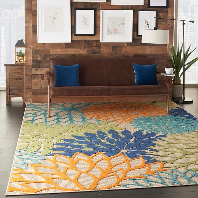 Nourison Home Aloha Indoor/Outdoor Multicolor 7'10" x 10'6" Area Rug, Tropical, Botanical, Easy Clean, Non Shedding, Bed Room, Living Room, Dining Room, Deck, Backyard, Patio (8x10)