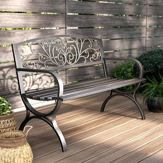 PHI VILLA 50Inch Cast Iron Steel Frame Garden Bench Patio Furniture Chair Outdoor Bench w/Floral Design Backrest, Slatted Seat for Park, Yard & Porch, Bronze