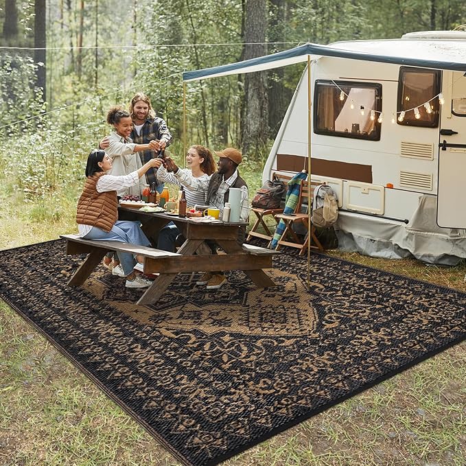 COZYLOOM 8x10 Outdoor Rug Waterproof Reversible Plastic Straw Mat, Large Dark Blue and White Vintage Medallion Patio Area Rug for Deck, Balcony, Camping, Beach, Picnic, Indoor/Outdoor Use