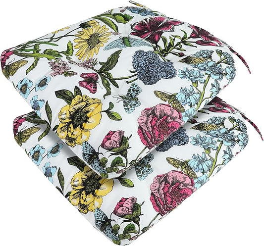 FUNHOME Outdoor Chair Cushions 19 x19 Inch,Water Resistant Tufted Seat Cushions 19",Reversible,Weather Resistant,Rounded Back Wicker Chair Cushion for Patio Garden Furniture(Butterfly Flower)