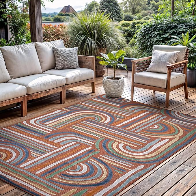 CAMILSON Indoor Outdoor Rug, Orange 5x7 Geometric Arch Striped Area Rugs for Patio and Home Areas, Easy-Cleaning Non-Shedding Living Room, Garden and Deck Washable Outside Carpet (5 x 7)
