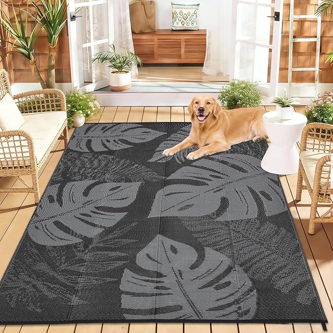 9x12 Outdoor Rug Waterproof Foldable Plastic Straw Carpet for Patio Porch Modern Leaf Print Reversible Mat Lightweight Floor Mat for Picnic, Rv, Beach, Deck, Camper, Balcony，Black/Grey