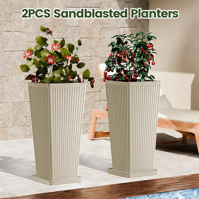 Tapered Tall Planters for Outdoor Plants 2 Pack- 23.6 Inch Heavy-Duty Classic Square Indoor Flower Pots with Drainage Holes/Partition/Tray, Large Outdoor Planters for Porch Patio, Beige