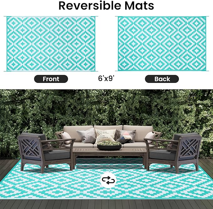 Smiry Waterproof Outdoor Rug 6x9 ft, Reversible Plastic Straw Patio Camping Rugs, Outdoor Indoor RV Mat Carpet for Patio, Outside Entry, Backyard, Deck, Bench, Picnic, Camper, White & Teal