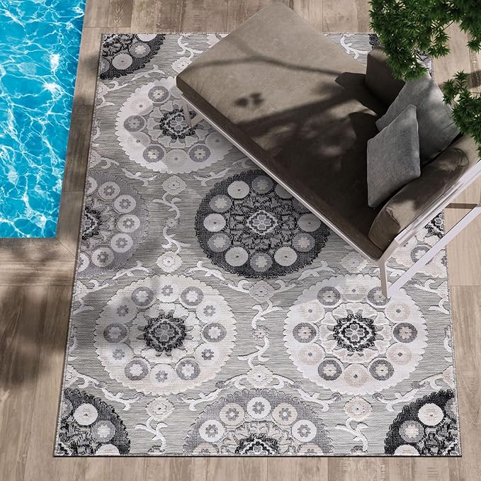 CAMILSON Indoor Outdoor Rug 10x14 Bohemian Medallion Floral Area Rugs for Indoor and Outdoor Patios Easy-Cleaning Non-Shedding Living Room Garden and Kitchen Washable Outside Carpet (10 x 14 / Gray)