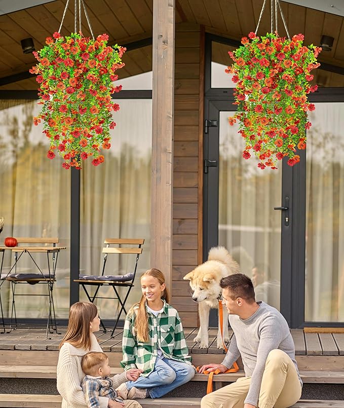 4PCS Fall Artificial Hanging Flowers Plants Decorations for Outdoor Faux Silk Daisy Mums Home Indoor Porch Patio Wall Balcony Yard Decor