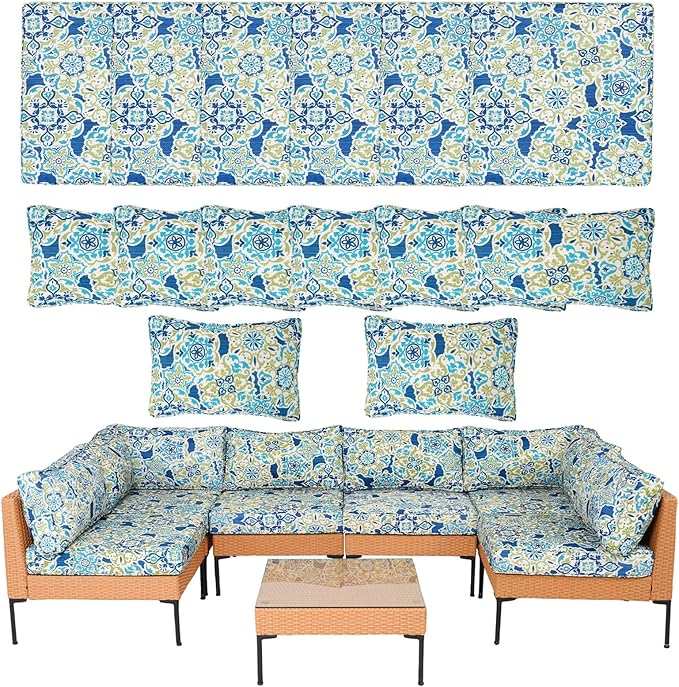 14Piece Outdoor Sofa Cushion Replacement, Patio Furniture Waterproof Cushion with Zippers, fit 6-Seat Outdoor Wicker Rattan Sectional Couch (Moroccan Dream, 24.8"x24.8"x3.15")