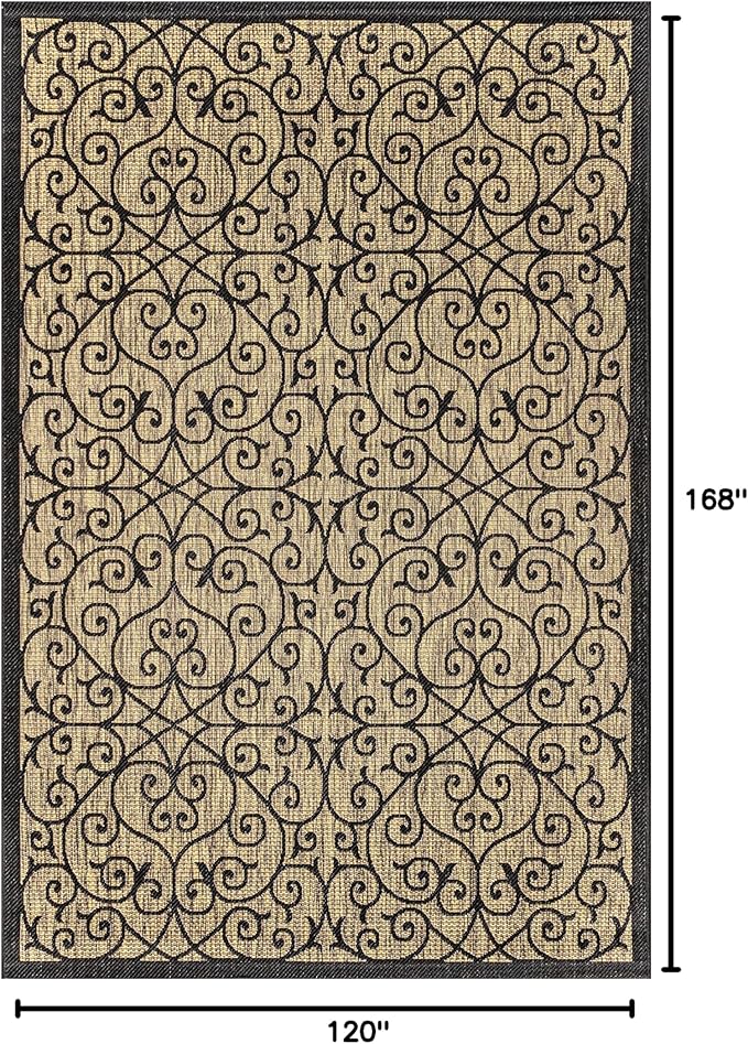 JONATHAN Y Vintage Filigree Indoor Outdoor Area Rug 10X14 Black/Khaki, Madrid Textured Weave for Backyard, Patio, Porch, Easy-Cleaning, High Traffic, Pet-Friendly, Non-Shedding (SMB107A-14)