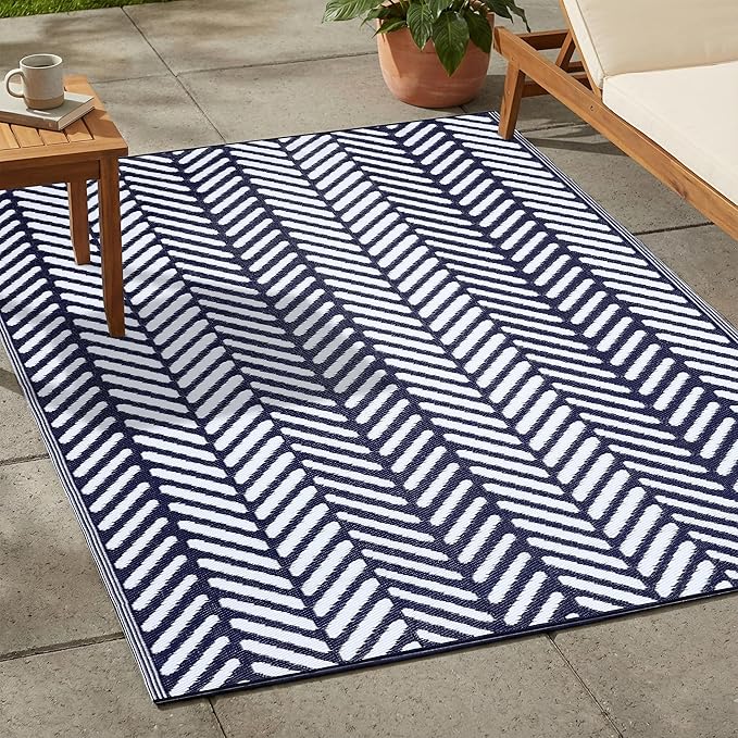 FH Home Outdoor Rug - Waterproof, Fade Resistant, Reversible - Premium Recycled Plastic - Herringbone - Large Patio, Deck, Sunroom, Camping, RV - Fresno - Navy Crease Free - 6 x 9 ft
