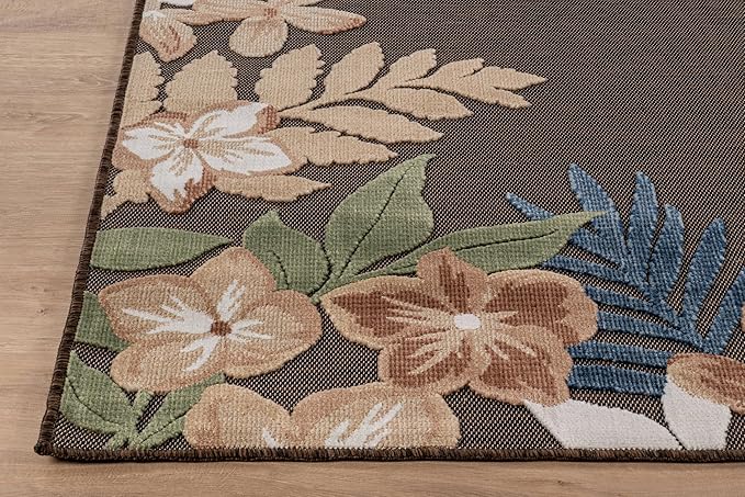 Outdoor Rug 5x7 Washable Area Rugs Indoor Outdoor Carpets Brown Border Floral Non Shedding Waterproof Easy Clean Patio Deck Porch Living Room Bedroom Garden RV (5 X 7 Brown)