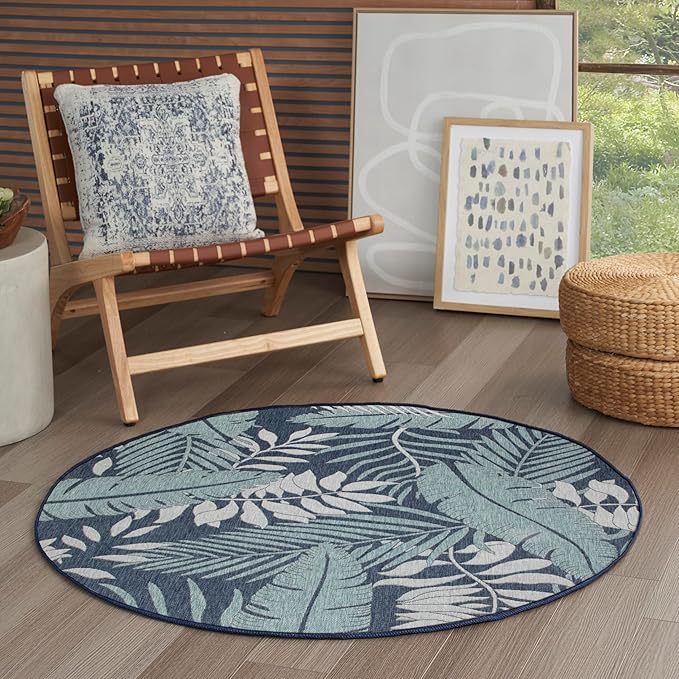 Nourison Home Garden Oasis Navy 4' x Round Area Rug - Easy Cleaning, Non Shedding, Bed Room, Living Room, Dining Room, Kitchen (4' x Round)