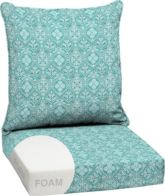 Arden Outdoor Foam Deep Seat Cushion Set, 24 in x 24 in, Weather-Proof, Rain-Proof, Fade Resistant Patio Cushion, Bottom and Back Cushion for Chair, Sofa, and Couch Turquoise Daphne Medallion