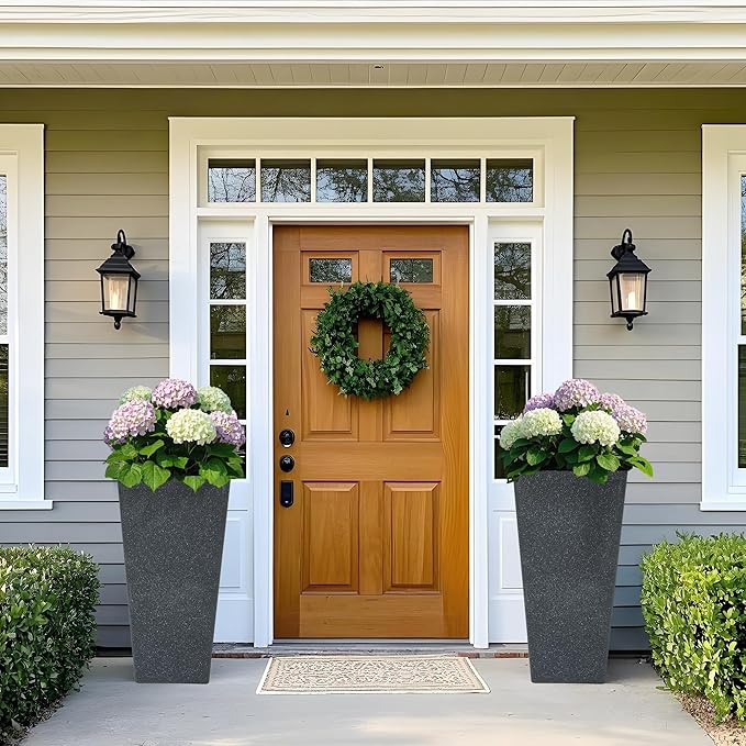 28" Plant Pots Tall Planters for Plants Outdoor Set of 2 Plastic Planter Pot Large Flower Pots Indoor Weather-Resistant for Patio, Porch, Garden, Front Door Christmas Decor Terrazzo Black