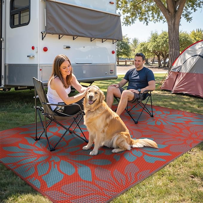 GENIMO Outdoor Rug Waterproof for Patio Decor, 6' x 9' Reversible Plastic Straw Floral Camping Carpet, Large Area Rugs Mats for RV, Camper, Deck, Balcony, Porch, Beach, Picnic, Red & Blue