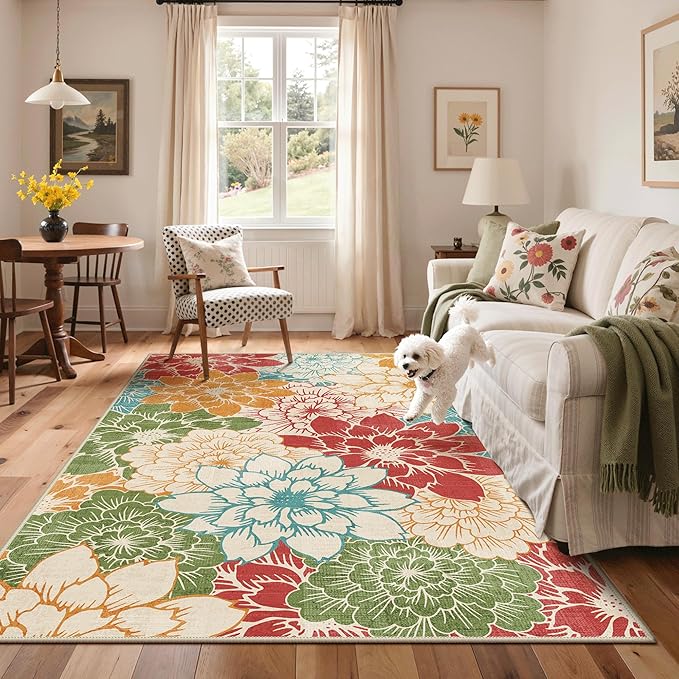 GENIMO Indoor Outdoor Area Rug 8'x10', Machine Washable Rugs for Patio, Waterproof, Non-Slip Easy Cleaning Floral Outdoor Mat Carpet for Living Room, Bedroom, RV, Balcony, Deck, Camping, Red