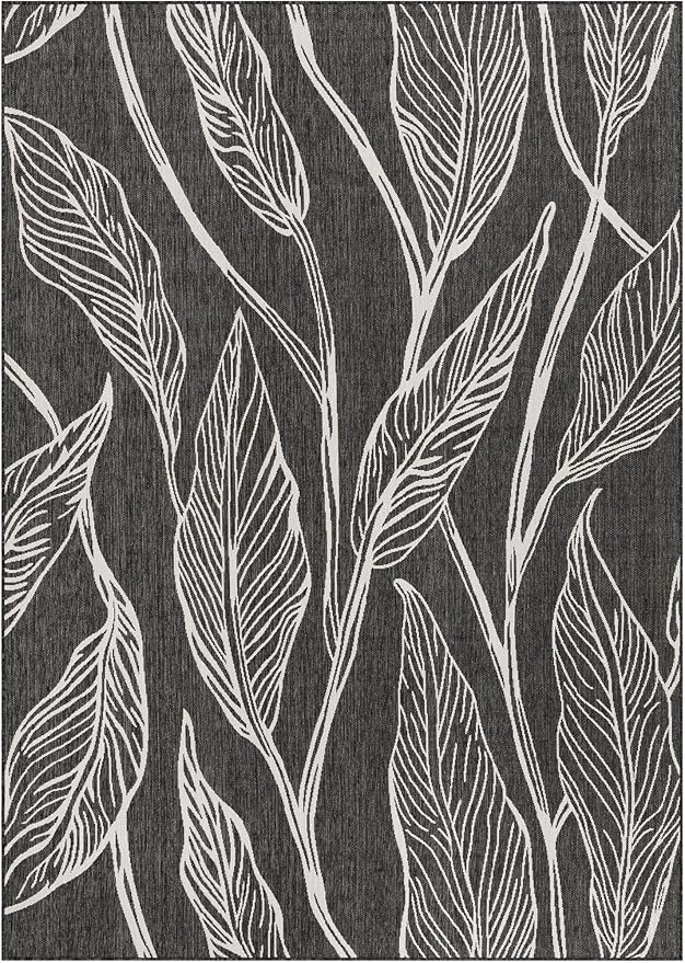 Unique Loom Outdoor Botanical Collection Area Rug - Leaf (7' 10" x 11' Rectangle, Ivory Charcoal)