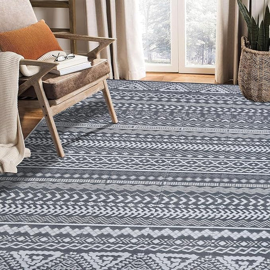 SAND MINE Reversible Mat, Indoor Outdoor Rug Carpet, Reversible Patio Rug, RV Camping Rug, Plastic Straw Rug, Large Floor Mat for RV, Patio, Backyard, Picnic, Camping, Grey & White, 6' x 9'