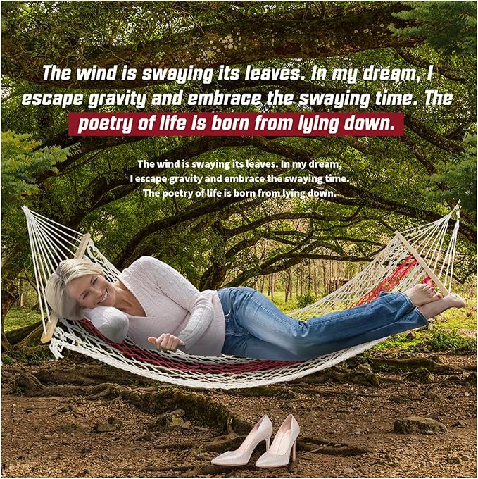 Hammocks Double Rope Hammock,Portable HandwovenTraditional Cotton Rope1 Person Hammock,with Spreader Bar,for Suitable for Patio, Beach, Garden (White)