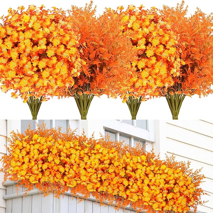 16 Bundles Artificial Mums for Outdoors Garden Home Decoration Fake Mums 2 Style Faux Silk Daisy for Outside Planter Front Porch Patio Indoor Home Wedding Garden Porch Window Box Planter Decoration