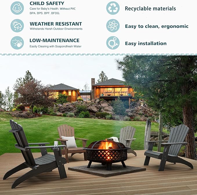 Psilvam Oversized Adirondack Chair, Fade-Resistant & Odor-Free Poly Lumber Fire Pit Chairs with Cup Holder, Weatherproof Lawn Chair, Easy 15 Min Install Patio Chair, 350 Lbs Support (1, Light Gray)