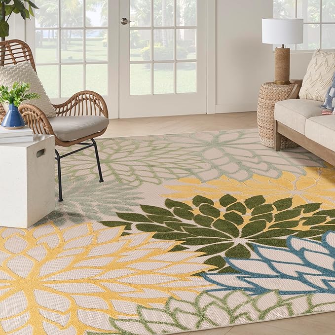 Nourison Home Aloha Indoor/Outdoor Green Multicolor 7'10" x 10'6" Area Rug, Easy-Cleaning, Non Shedding, Bed Room, Living Room, Dining Room, Backyard, Patio, Deck (8x11)
