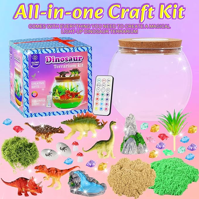 Gifmore Dinosaur Terrarium Kit for Kids with LED Night Light & Remote Control, Dinosaur Toys & Arts and Crafts Kit for Boys Ages 4-12, Creative Birthday Christmas Gifts for Children