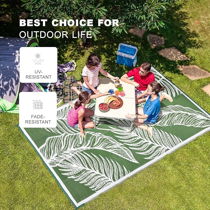 wikiwiki 9x12ft Outdoor Rug, Reversible Plastic Patio Rug Waterproof, Indoor Outdoor Carpet Clearance, Large Area Carpet for Patio Deck Balcony Pool RV Camping Beach Picnic, Green