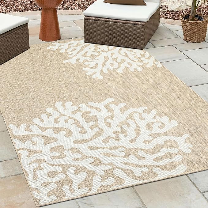LR Home 8x10 Indoor/Outdoor Area Rug for Home Decor | Floral Large Size Carpet Suitable for Living Room, Bedroom, Playroom, Patio, Garden | Nautical Farmhouse Rug | Ivory/Beige