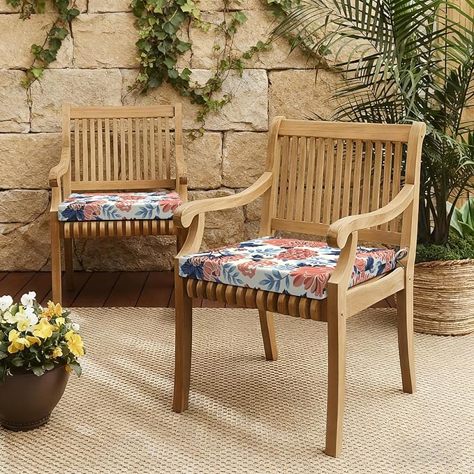 LVTXIII Outdoor Chair Cushions, Water Repellent Patio Furniture Cushions Outdoor Chair Pads with Ties for Dining Chairs and Garden Furniture, 19"x19"x2" Set of 2, Red Chrysanthemum