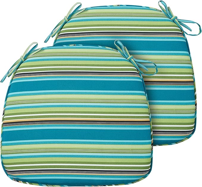 FUNHOME 17"x16"x2" Outdoor Chair Cushions Set of 2, Water Resistant Patio Chair Pads with Ties, Seat Cushions for Home Garden Furniture Decoration-Green Stripe
