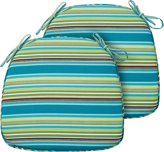 FUNHOME 17"x16"x2" Outdoor Chair Cushions Set of 2, Water Resistant Patio Chair Pads with Ties, Seat Cushions for Home Garden Furniture Decoration-Green Stripe