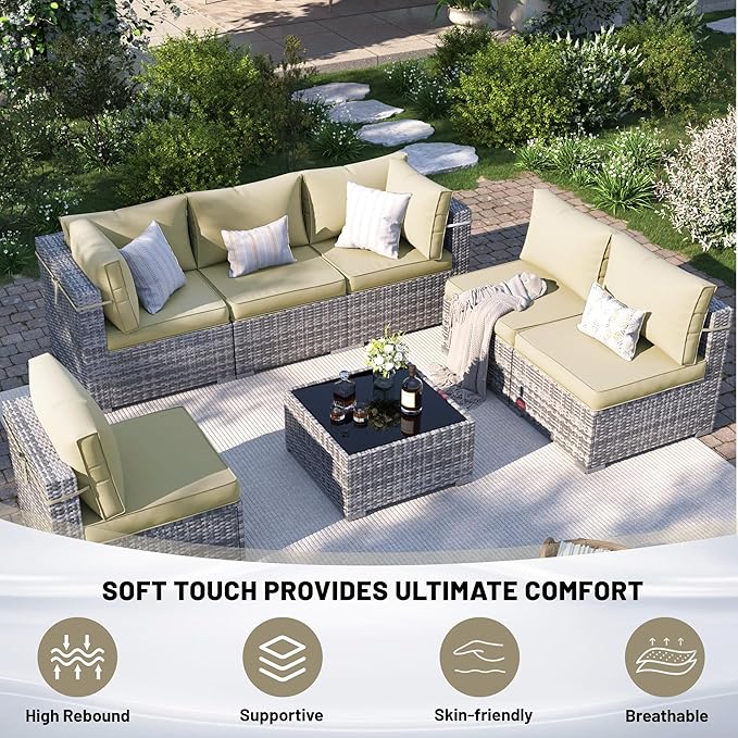 14 Piece Outdoor Sectional Cushions, Water-Resistant Outdoor Sofa Cushions Replacement, 4" High Density Foam Patio Furniture Cushions Fits 6-seat Rattan Conversation Set (Beige)