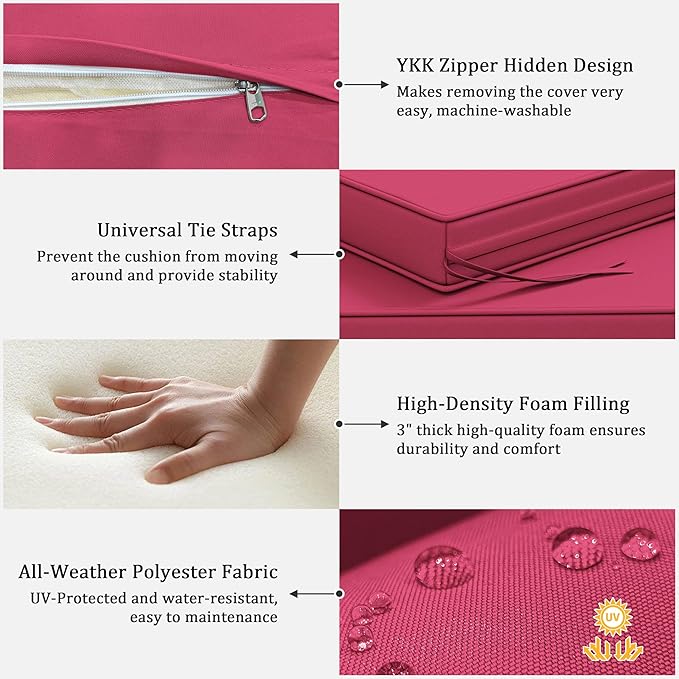 3 Pack Outdoor Replacement Cushions,36L x 18W x 3H,18L x 18W x 3H inch, High-Elastic Replacement Sponge for 4-Seater Water-Resistant Patio/Sofa with Removable Covers (Pink)
