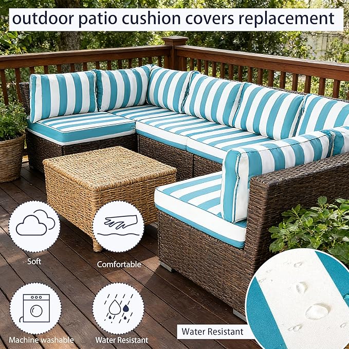 Outdoor Cushion Covers for Patio Furniture, Patio Cushion Covers Replacement with Zipper, Waterproof & Fade Resistant,Only Cover (Lake Blue and White Stripes, 25.6Lx25.6Wx4H - Only Covers)