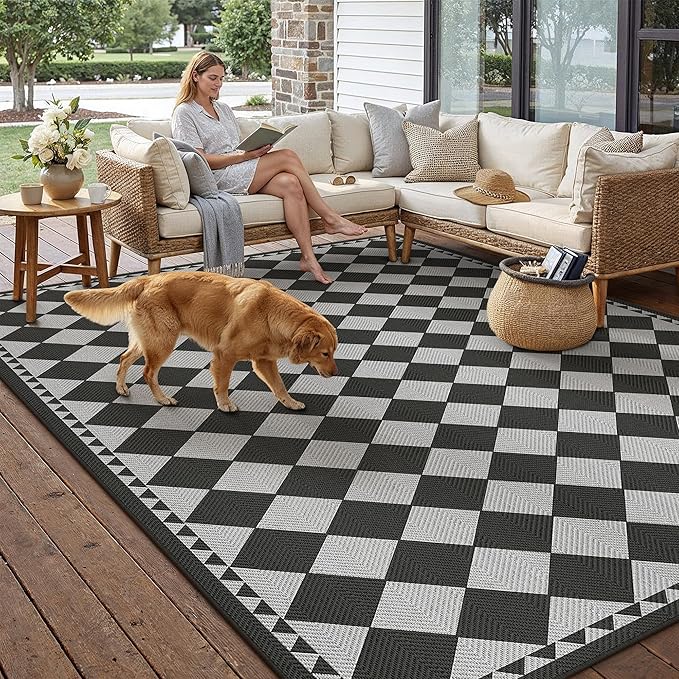 HUGEAR 8x10 Outdoor Rug Black/Grey Linen-Look Fabric Checkered Area Rug High Traffic Stain Resistant Easy Clean Durable Rugs for Indoor/Outdoor Patio Deck Balcony Porch Garden Courtyard