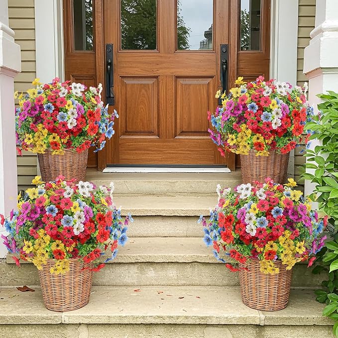 Artificial Spring Flowers Outdoor Faux Plants UV Resistant Fake Patio Flowers Plastic Greenery Plnats Outside Bulk for Spring Garden Hanging Planter Home Vase Decor, 24 Bundles (Multicolor)