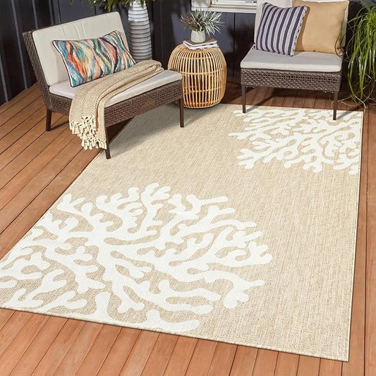 LR Home 5x7 Indoor/Outdoor Area Rug for Home Decor | Floral Carpet Suitable for Living Room, Bedroom, Playroom, Patio, Garden | Nautical Farmhouse Rug | Ivory/Beige