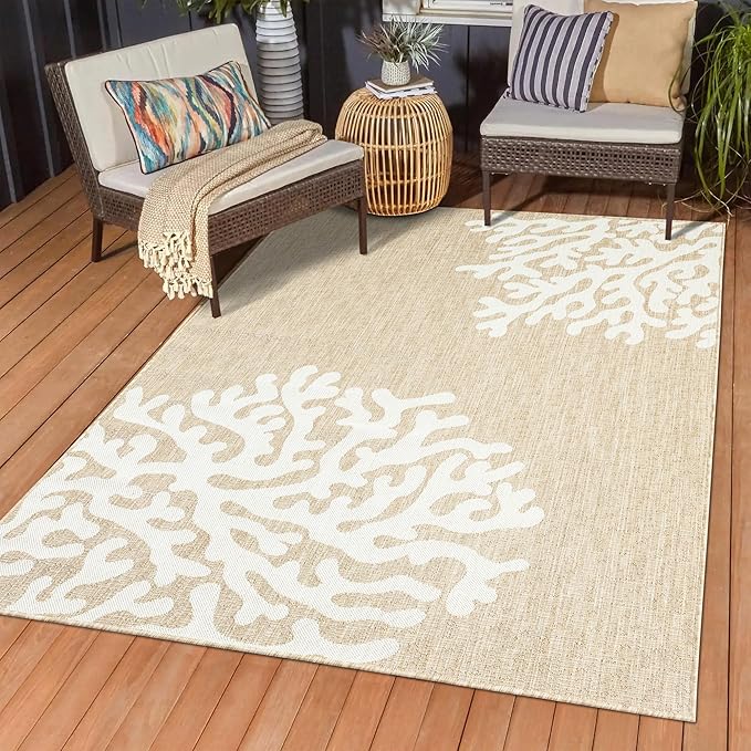 LR Home 8x10 Indoor/Outdoor Area Rug for Home Decor | Floral Large Size Carpet Suitable for Living Room, Bedroom, Playroom, Patio, Garden | Nautical Farmhouse Rug | Ivory/Beige