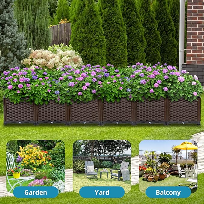 Large Rattan Planter Outdoor-Elevated Garden Box with Drain Outlet 95"L x 16"W x 15"H, Self Watering Raised Garden Beds Deep Elevated Planter Box for Vegetables, Flowers, Herbs Standing Gardening Kit