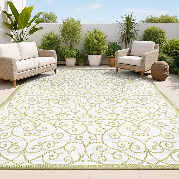 JONATHAN Y Vintage Filigree Indoor Outdoor Area Rug 8X10 Green/Cream, Madrid Textured Weave for Backyard, Patio, Porch, Easy-Cleaning, High Traffic, Pet-Friendly, Non-Shedding (SMB107H-8)