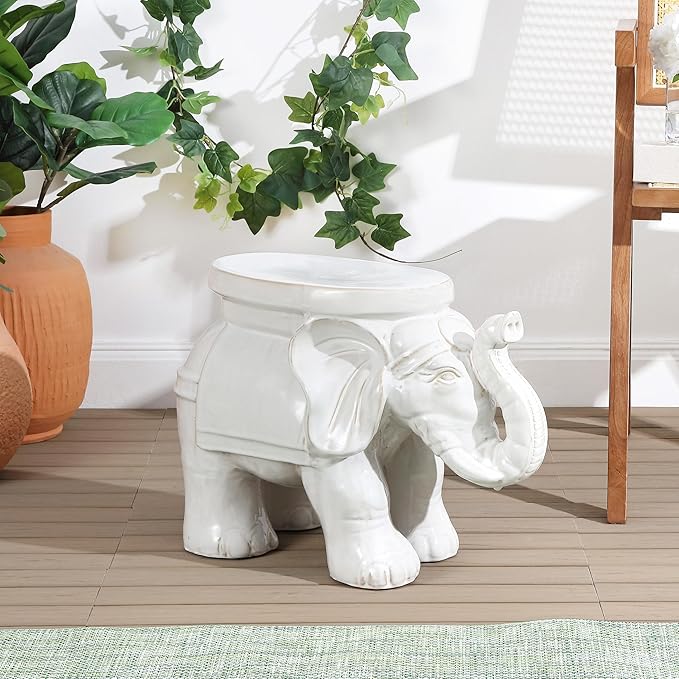 JONATHAN Y TBL1007A White Elephant 14.2" Ceramic Indoor/Outdoor Garden Stool, Coastal, Contemporary, Side Table, Plant Stand, Spill-Proof, Living Room, Bathroom, Garden Room, Patio, Antique White
