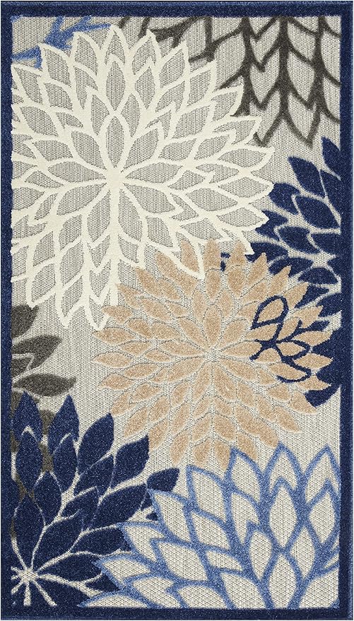 Nourison Home Aloha Indoor/Outdoor Blue/Multicolor 3' x 5' Area Rug, Tropical, Botanical, Easy Cleaning, Non Shedding, Bed Room, Living Room, Dining Room, Deck, Backyard, Patio (3x5)